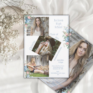 Pink Blue Floral 4 Photo Flat Announcement Card