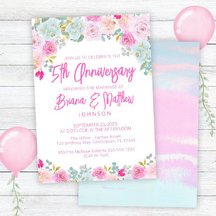 Pink Blue Floral 5th Wedding Anniversary Invitation