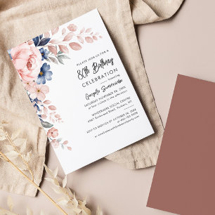 Pink Blue Floral 80th Birthday Party Invitation