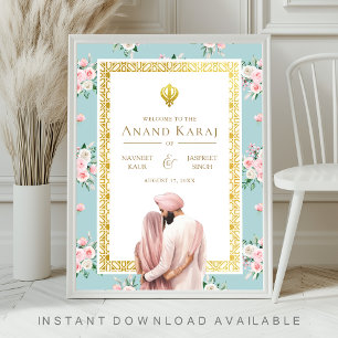 Pink Blue Floral Anand Karaj Wedding Welcome Sign