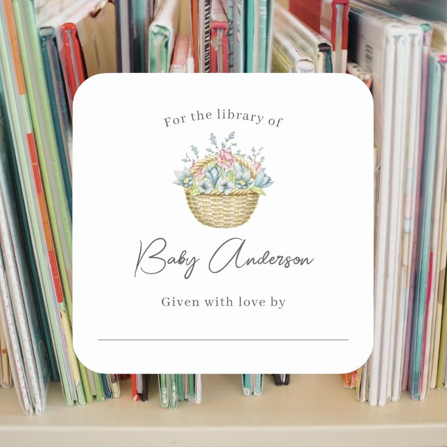 Pink Blue Floral Basket Baby shower bookplate  Square Sticker (Creator Uploaded)