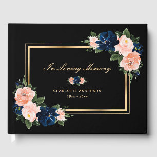 Pink Blue Floral Black Gold Funeral Memorial Guest Book