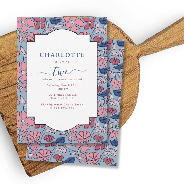 Pink Blue Floral Block Print Girl Birthday Party Invitation (Pink Blue Floral Block Print Girl Birthday Party Invitation)
