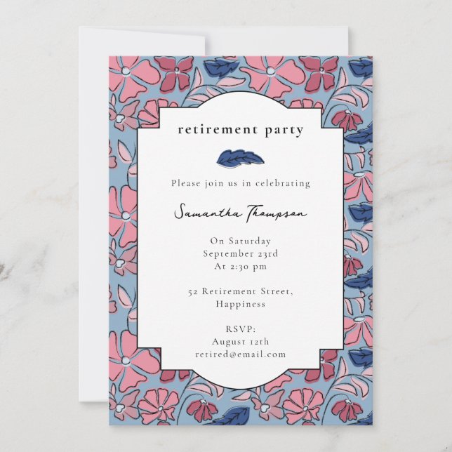 Pink Blue Floral Block Print Retirement Party Invitation (Front)