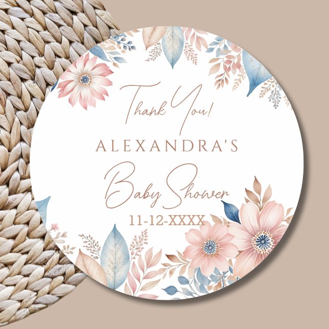 Pink Blue Floral Boho Chic Baby Shower Thank You Classic Round Sticker (Creator Uploaded)
