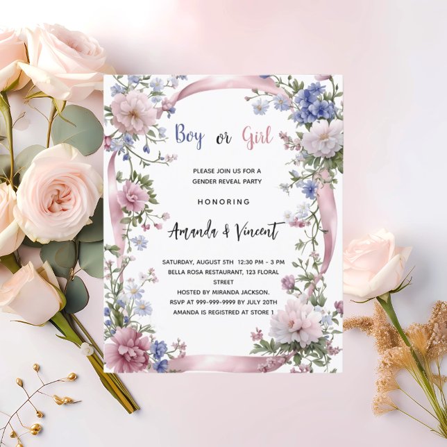 Pink blue floral boy girl gender reveal invitation (Creator Uploaded)