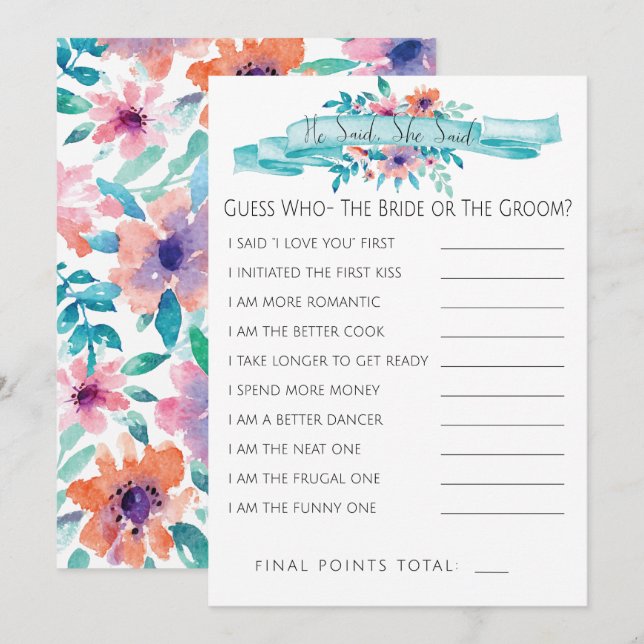 Pink Blue Floral Bridal Shower Game-He/She Said Invitation (Front/Back)