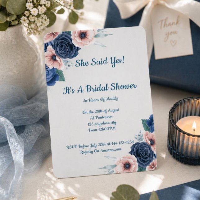 Pink Blue Floral Bridal Shower invitation  (Creator Uploaded)