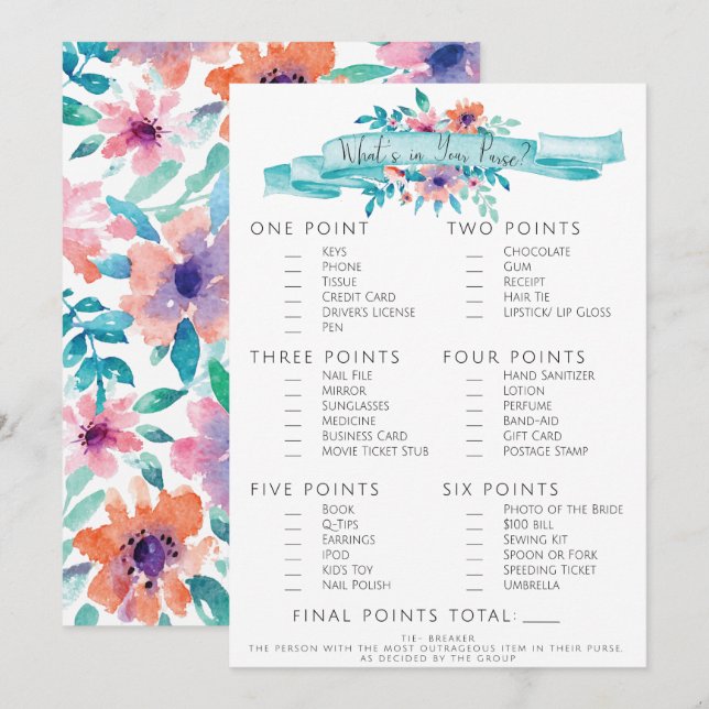 Pink Blue Floral Bridal Shower Purse Game Invitation (Front/Back)