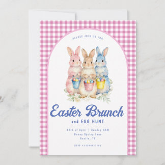 Pink Blue Floral Bunny Watercolor Gingham Easter Invitation