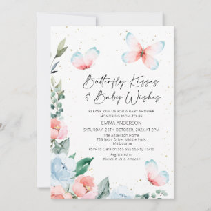 Pink Blue Floral Butterfly Kisses Baby Shower Invitation
