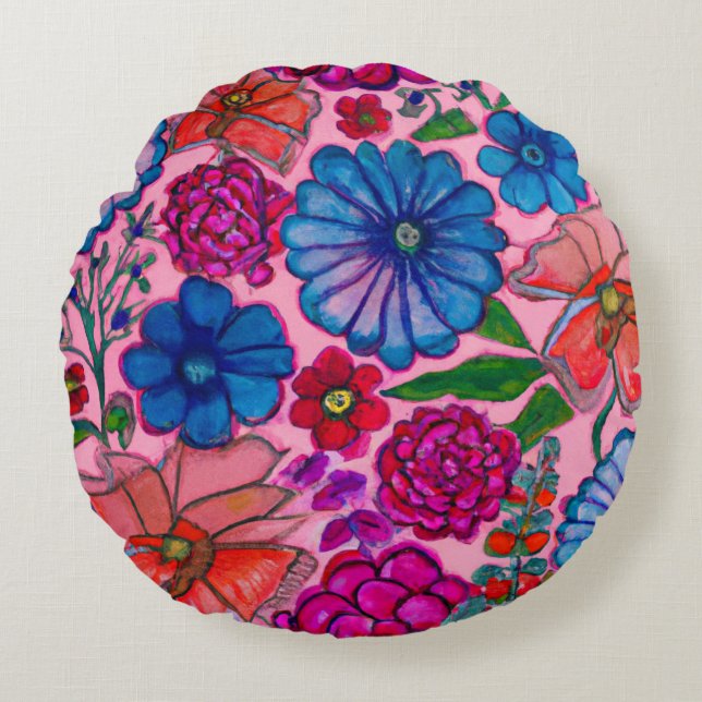 Pink & Blue Floral Design Round Cushion (Front)