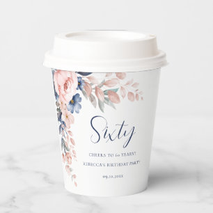 Pink Blue Floral Elegant Script 60th Birthday Paper Cups