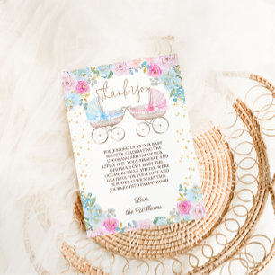 Pink Blue Floral Gender Reveal Baby Shower Thank You Card