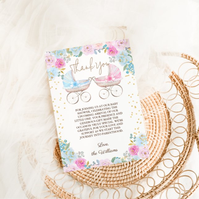 Pink Blue Floral Gender Reveal Baby Shower Thank You Card (Creator Uploaded)
