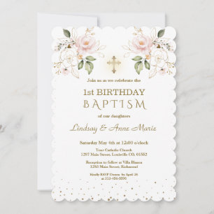 Pink Blue Floral Girls Twins 1st Birthday Baptism  Invitation