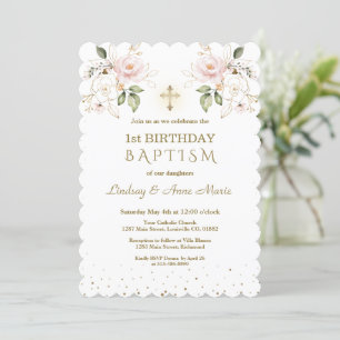 Pink Blue Floral Girls Twins 1st Birthday Baptism  Invitation