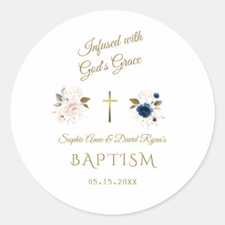 Pink Blue Floral Gold Calligraphy Twins Baptism Classic Round Sticker