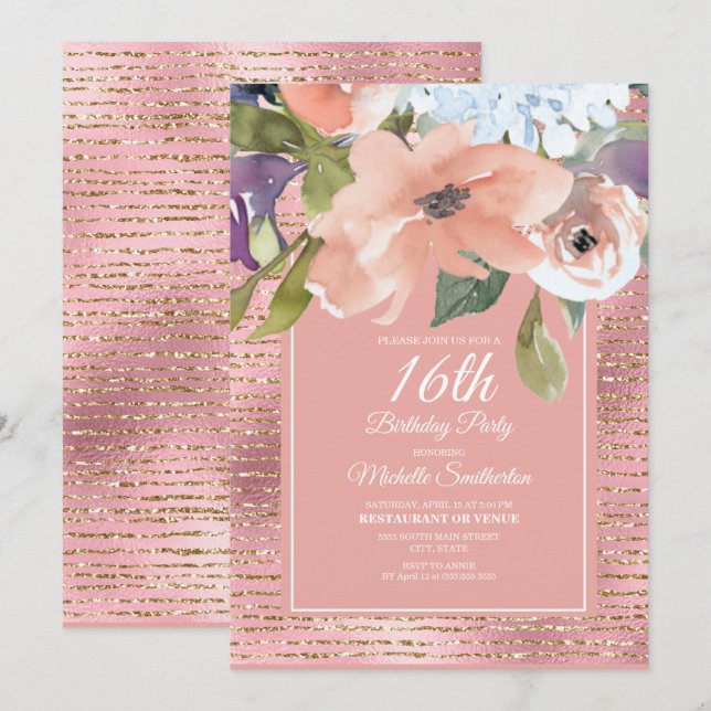 Pink Blue Floral Gold Glitter Girl's 16th Birthday Card (Front/Back)