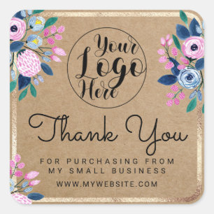 Pink Blue Floral Gold Watercolor Kraft Thank You Square Sticker