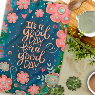 Pink Blue Floral Good Day Quote Pretty Tea Towel