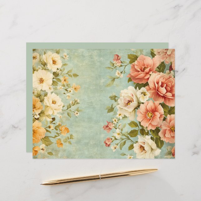 Pink Blue Floral Junk Journal Scrapbook Paper (Front/Back In Situ)