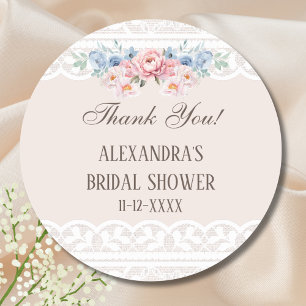 Pink Blue Floral Lace Bridal Shower Thank You Classic Round Sticker
