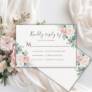 Pink & Blue Floral Modern Wedding RSVP Card