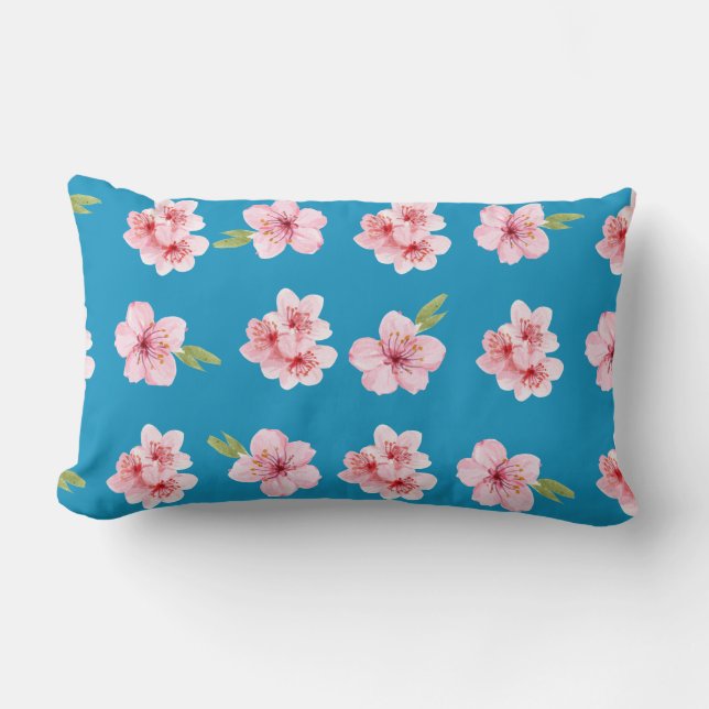 Pink & Blue Floral Print Lumbar Throw Pillow (Front)