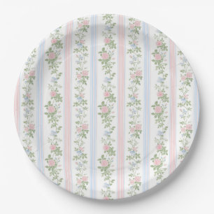 Pink Blue Floral Roses Vintage Baby Shower Paper Plate