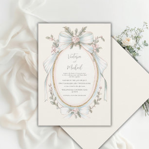 Pink Blue Floral Sage Green Vintage Wedding Invitation