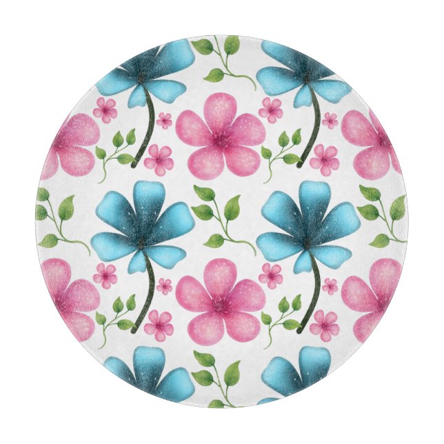 Pink & Blue Floral Seamless Pattern Cutting Board (Front)