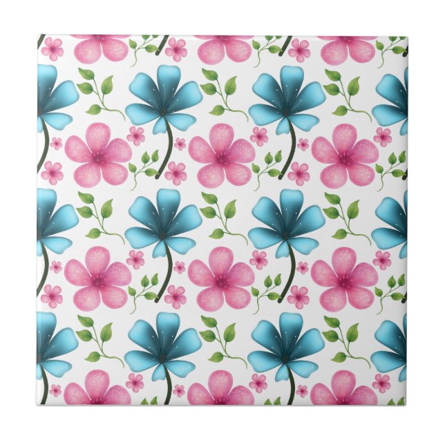 Pink & Blue Floral Seamless Pattern Tile (Front)