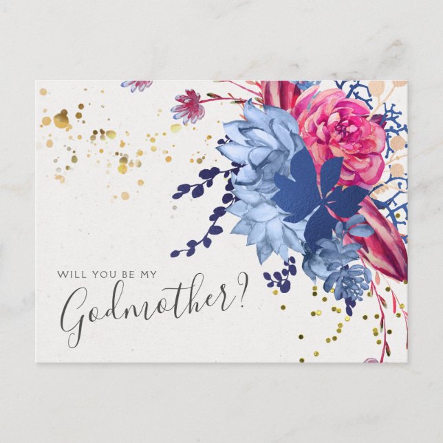 Pink Blue Floral Succulent Godmother Proposal Card (Front)