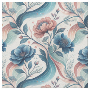 Pink & Blue Floral Swirls Botanical Pattern Art Fabric