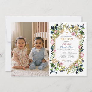 Pink & Blue Floral Twins Baptism Photo Invitation