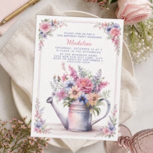 Pink Blue Floral Watering Can 75th Birthday Invitation