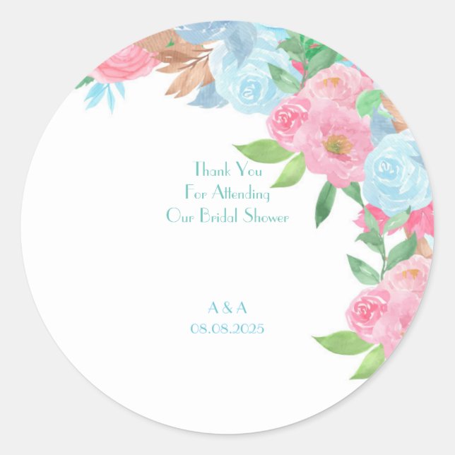 Pink Blue floral wedding Classic Round Sticker (Front)