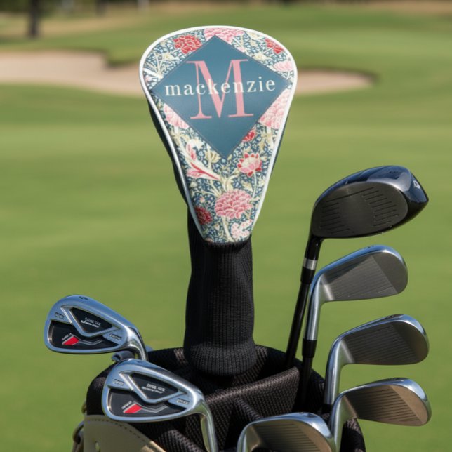 Pink Blue Floral William Morris Elegant Monogram Golf Head Cover (Creator Uploaded)