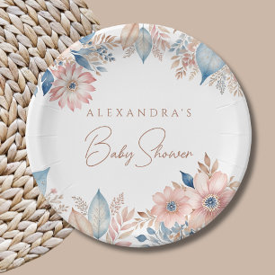 Pink Blue Flowers Boho Chic Baby Shower Paper Plate