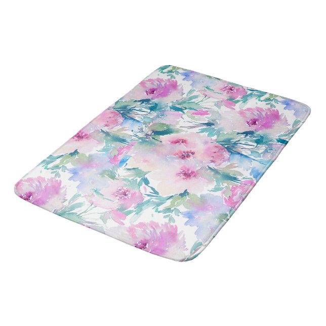 Pink & blue flowers collage pattern bath mat (Angled)