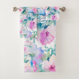 Pink & blue flowers collage pattern bath towel set