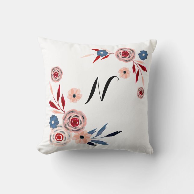 Pink, blue flowers, floral pattern, personalised cushion (Front)