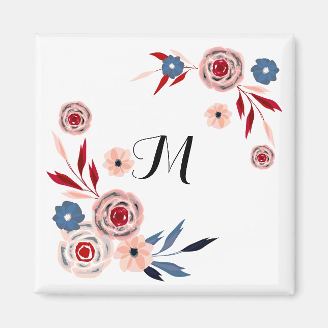Pink, blue flowers, floral pattern, personalised magnet (Front)