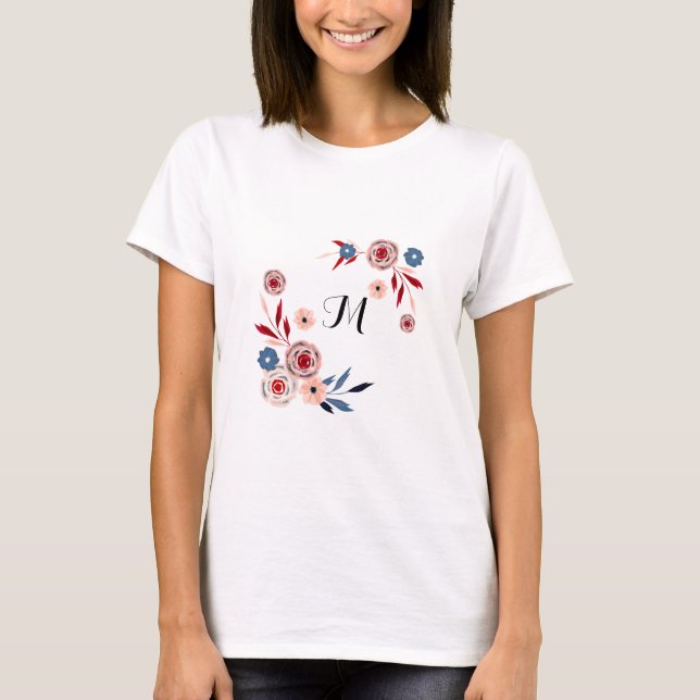 Pink, blue flowers, floral pattern, personalised T-Shirt (Front)