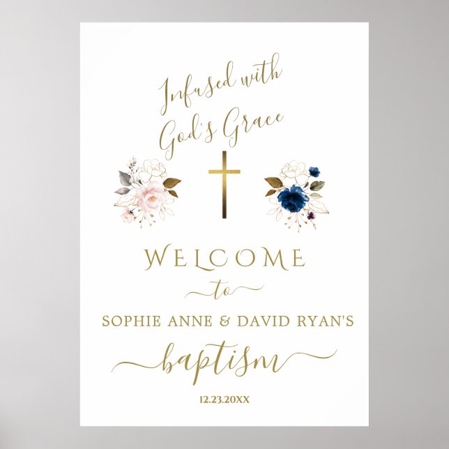 Pink Blue Flowers Gold Twins Baptism Welcome Sign (Front)