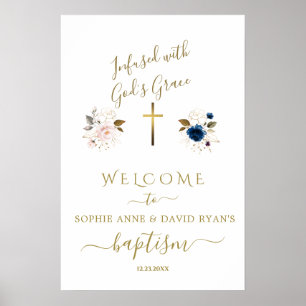 Pink Blue Flowers Gold Twins Baptism Welcome Sign
