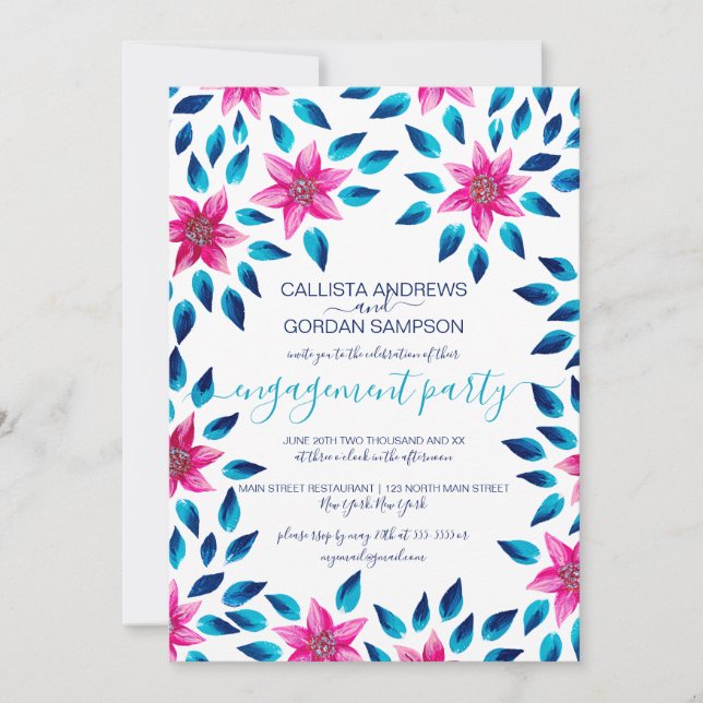 Pink Blue Flowers Leaves Acrylic Paint Engagement Invitation (Front)