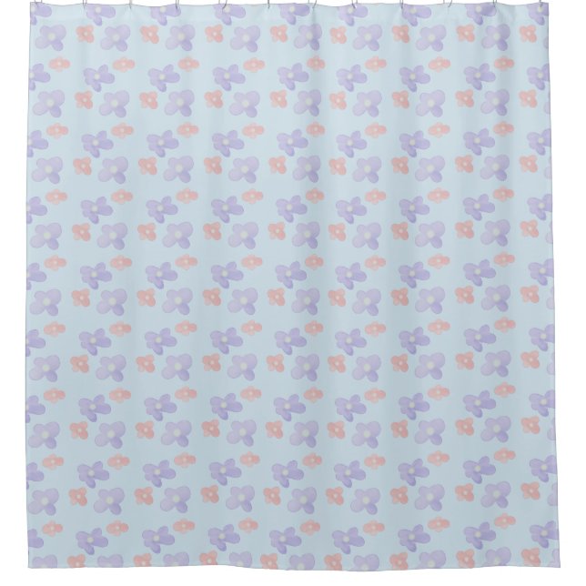 Pink Blue Flowers on Pastel Blue Shower Curtain (Front)