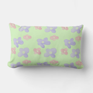 Pink Blue Flowers on Pastel Green Lumbar Cushion